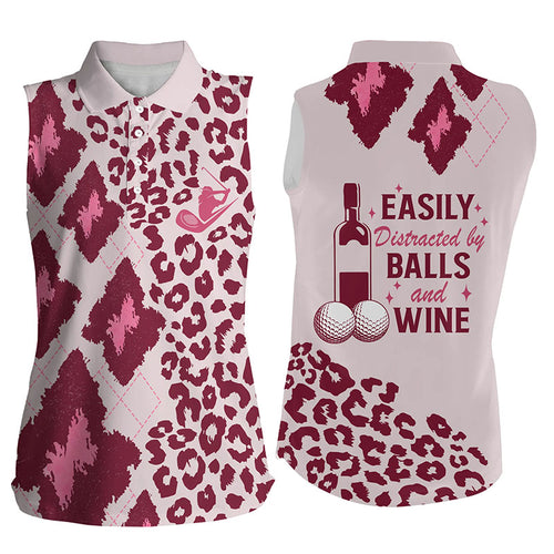 Women sleeveless polo shirt pink leopard argyle easily distracted by balls and wine ladies golf attire NQS6079