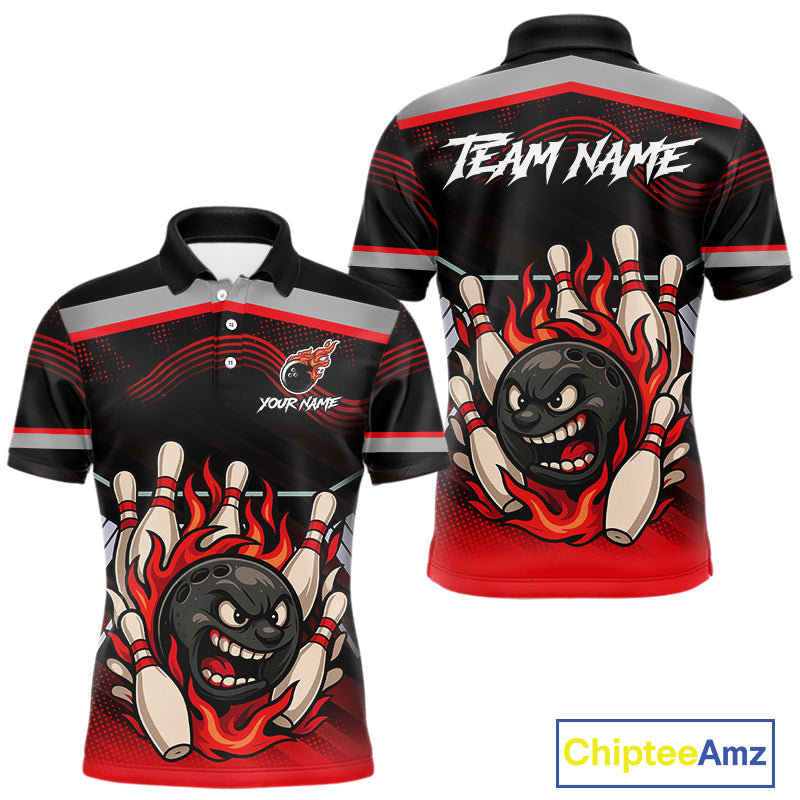 Black and Red Flame Funny Bowling Ball and Pins Bowling shirts for men custom team bowling outfits NQS10985
