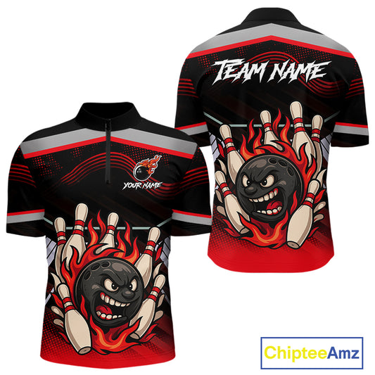 Black and Red Flame Funny Bowling Ball and Pins Bowling shirts for men custom team bowling outfits NQS10985