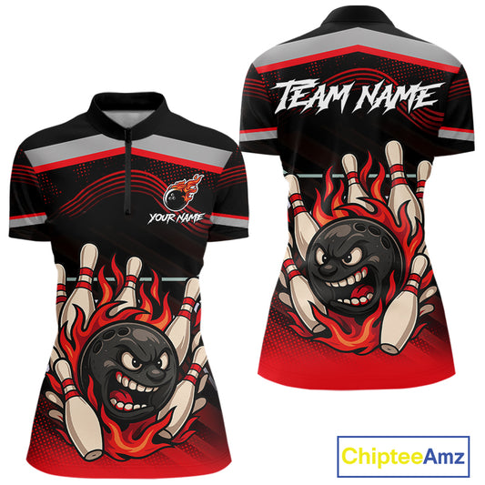 Black and Red Flame Funny Bowling Ball and Pins Bowling shirts for Women custom team bowling outfits NQS10985