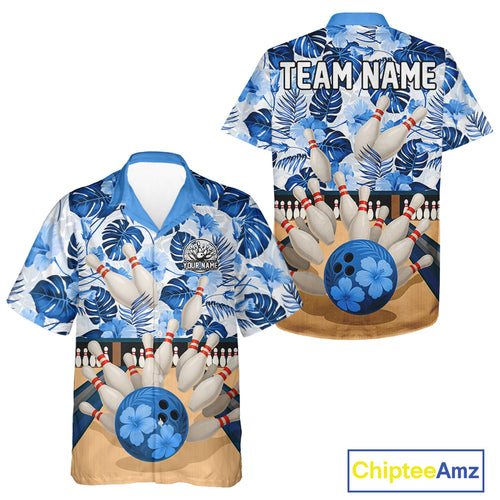 Blue tropical flower Bowling Hawaiian Shirt Custom button up bowling team shirt NQS10988