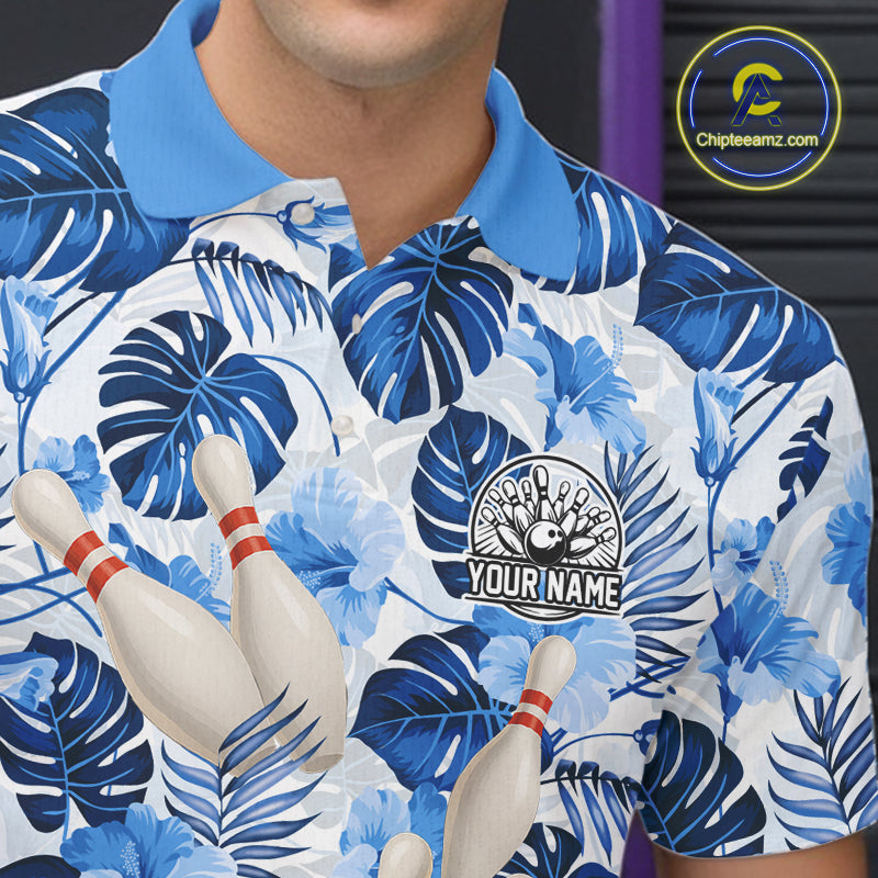 Blue tropical flower Bowling Polo, Quarter Zip Shirts For Men Custom bowling team jersey NQS10988