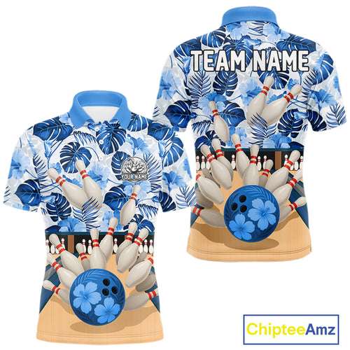 Blue tropical flower Bowling Polo, Quarter Zip Shirts For Men Custom bowling team jersey NQS10988