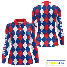 Load image into Gallery viewer, Women golf polo shirt custom red, white and blue argyle plaid pattern golf attire for ladies NQS9847