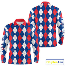 Load image into Gallery viewer, Mens golf polo shirt custom red, white and blue argyle plaid pattern golf attire for men NQS9847
