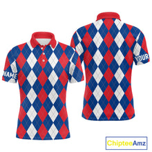 Load image into Gallery viewer, Mens golf polo shirt custom red, white and blue argyle plaid pattern golf attire for men NQS9847