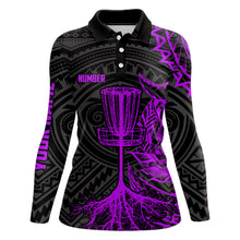 Load image into Gallery viewer, Purple tribal Womens disc golf polo shirt custom black disc golf basket jerseys team ladies disc golf NQS7985