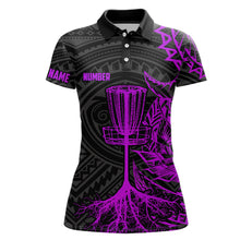 Load image into Gallery viewer, Purple tribal Womens disc golf polo shirt custom black disc golf basket jerseys team ladies disc golf NQS7985