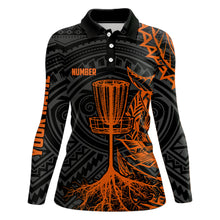 Load image into Gallery viewer, Orange tribal Womens disc golf polo shirt custom black disc golf basket jerseys team ladies disc golf NQS7986