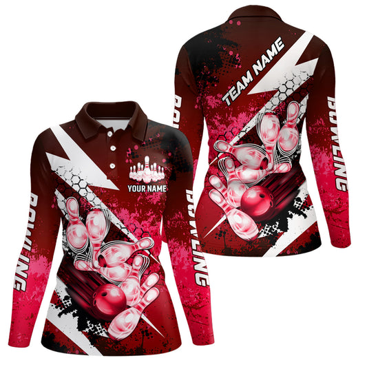 Red grunge lightning Bowling Polo, Quarter Zip shirt For Women Custom Team Bowling Jerseys NQS8660