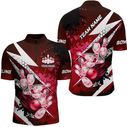 Red grunge lightning Bowling Polo, Quarter Zip shirt For Men Custom Team Bowling Jersey NQS8660