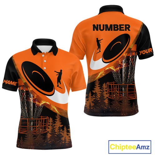 Black and Orange Mens Disc golf polo shirts Custom Disc Golf basket forest tree, Disc Golfer Gift NQS10820