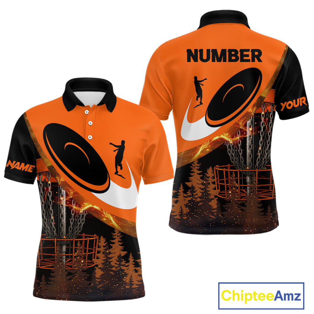 Black and Orange Mens Disc golf polo shirts Custom Disc Golf basket forest tree, Disc Golfer Gift NQS10820