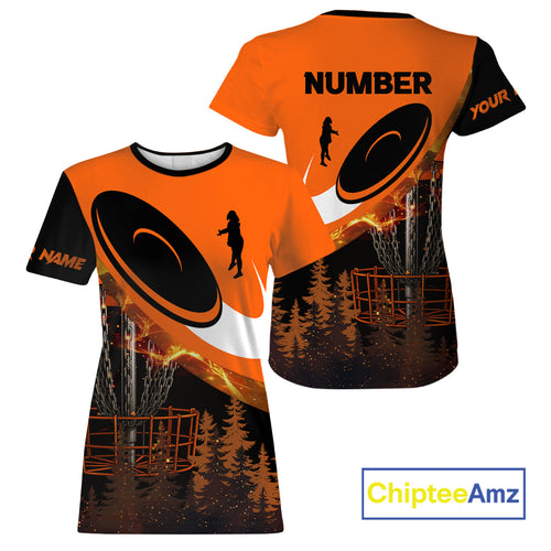 Black and Orange Disc golf T-Shirts For Women Custom Disc Golf basket forest tree, Disc Golfer Gift NQS10820