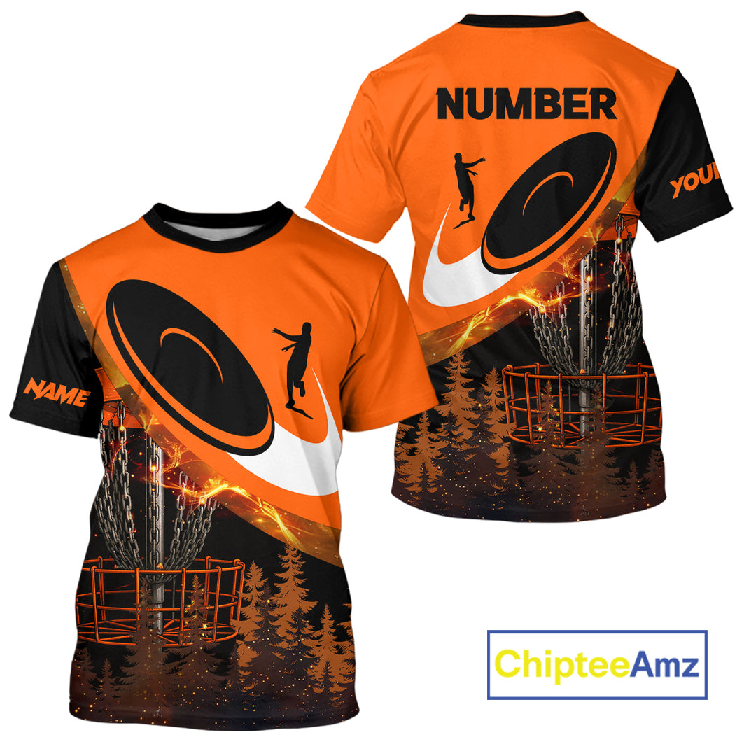Black and Orange Disc golf T-Shirt Custom Disc Golf basket forest tree, Disc Golfer Gift NQS10820