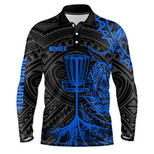 Load image into Gallery viewer, Blue tribal Mens disc golf polo shirt custom black disc golf basket jerseys team mens disc golf shirt NQS7584