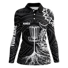 Load image into Gallery viewer, White tribal Womens disc golf polo shirt custom black disc golf basket jerseys team ladies disc golf NQS7585