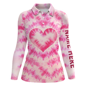 Womens golf polos shirts custom pink heart tie dye pattern golf shirt, ladies golf tops NQS7030