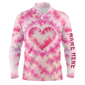 Mens golf polos shirts custom pink heart tie dye pattern golf shirt, best mens golf wear NQS7030