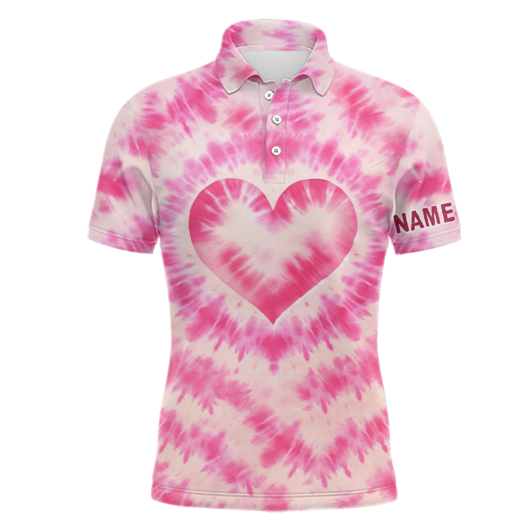 Mens golf polos shirts custom pink heart tie dye pattern golf shirt, best mens golf wear NQS7030