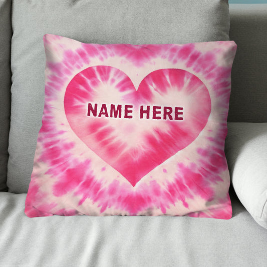 Personalized pink heart tie dye pattern custom name Canvas, Linen Throw Pillow NQS7028