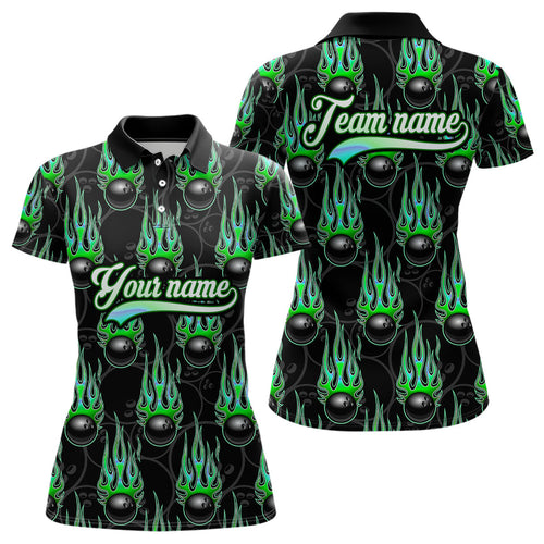 Black Bowling Ball Camo Green Flame Bowling Polo, 1/4 Zip Shirt for Women Custom Bowling Team Jersey NQS9479