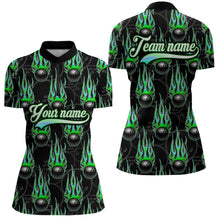 Load image into Gallery viewer, Black Bowling Ball Camo Green Flame Bowling Polo, 1/4 Zip Shirt for Women Custom Bowling Team Jersey NQS9479