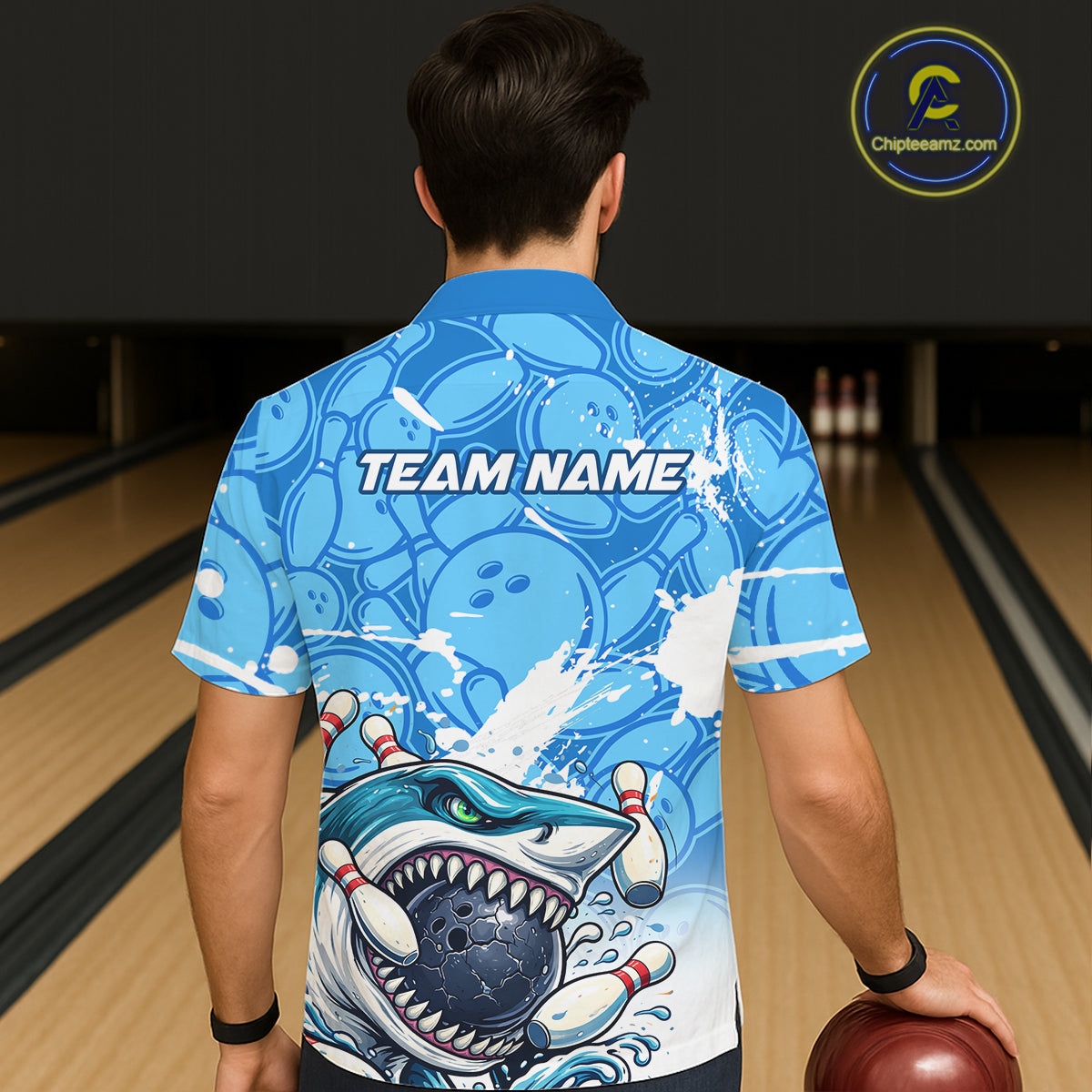 Blue Bowling Camo Angry Shark Bowling Button-up Shirts Custom Shark Team Hawaiian Bowling Jersey NQS11605