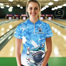 Load image into Gallery viewer, Blue Bowling Camo Angry Shark Bowling Polo, 1/4 Zip Shirts for Women Custom Shark Team Bowling Jersey NQS11605