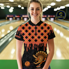 Load image into Gallery viewer, Funny Bowling Turkey Thanksgiving Womens Bowling Shirt Orange Pumpkin Custom Team Bowling Jersey NQS10840