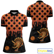 Load image into Gallery viewer, Funny Bowling Turkey Thanksgiving Womens Bowling Shirt Orange Pumpkin Custom Team Bowling Jersey NQS10840