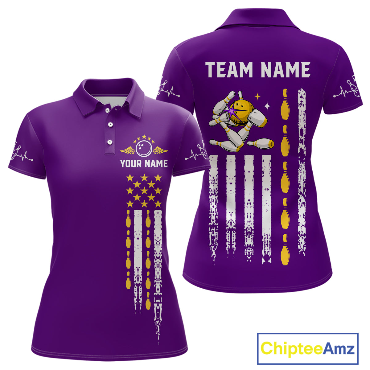 Yellow and Purple Retro American Flag Bowling Shirts For Women Custom Patriotic Bowling Team Jerseys NQS11213