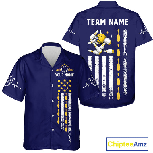 Yellow and Navy Blue Retro American Flag Bowling Hawaiian Shirt Custom Patriotic Bowling Team Jersey NQS11214
