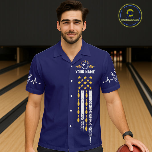 Yellow and Navy Blue Retro American Flag Bowling Hawaiian Shirt Custom Patriotic Bowling Team Jersey NQS11214