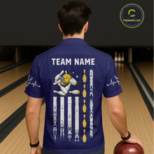 Load image into Gallery viewer, Yellow and Navy Blue Retro American Flag Bowling Hawaiian Shirt Custom Patriotic Bowling Team Jersey NQS11214