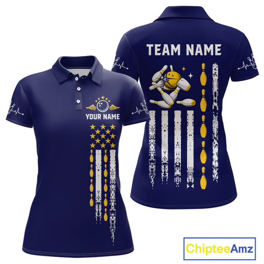 Yellow and Navy Blue Retro American Flag Bowling Shirt For Women Custom Patriotic Bowling Team Jersey NQS11214