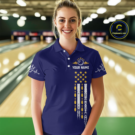 Yellow and Navy Blue Retro American Flag Bowling Shirt For Women Custom Patriotic Bowling Team Jersey NQS11214