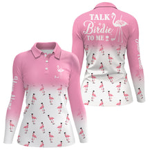 Load image into Gallery viewer, Funny Womens golf polo shirt custom light pink and white flamingo golf shirts talk birdie to me NQS8011