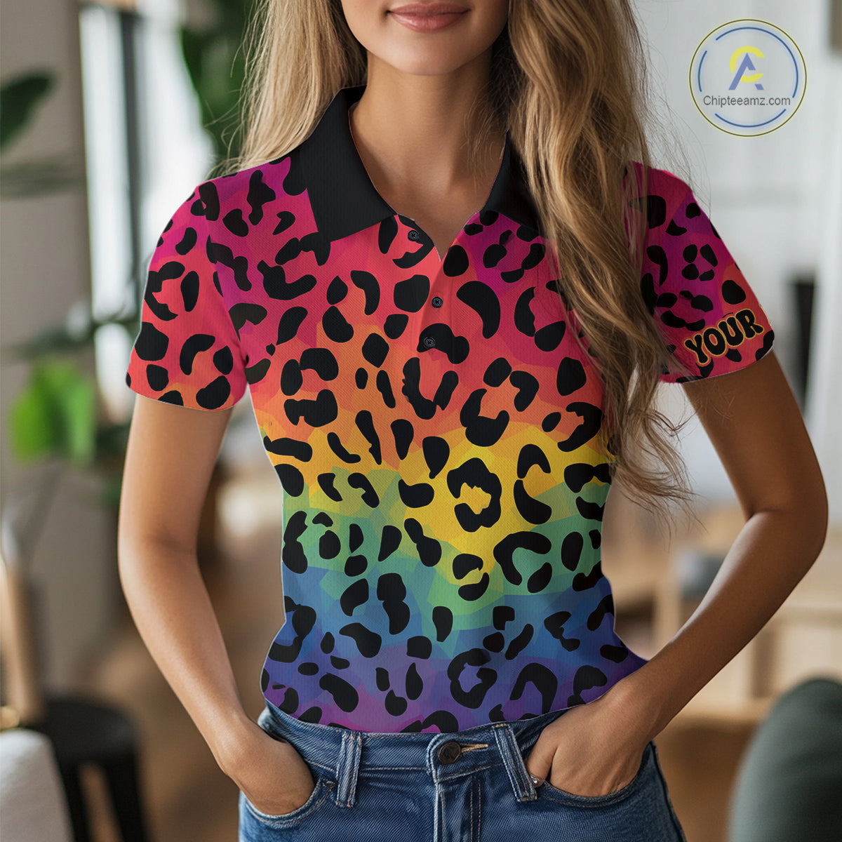 Custom Colorful rainbow pattern Women golf polo shirt, Personalized animal print golf shirt outfit NQS10405