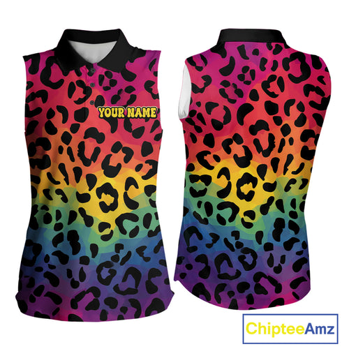 Custom Colorful rainbow pattern Women Sleeveless polo shirt, Personalized animal print golf outfit NQS10405