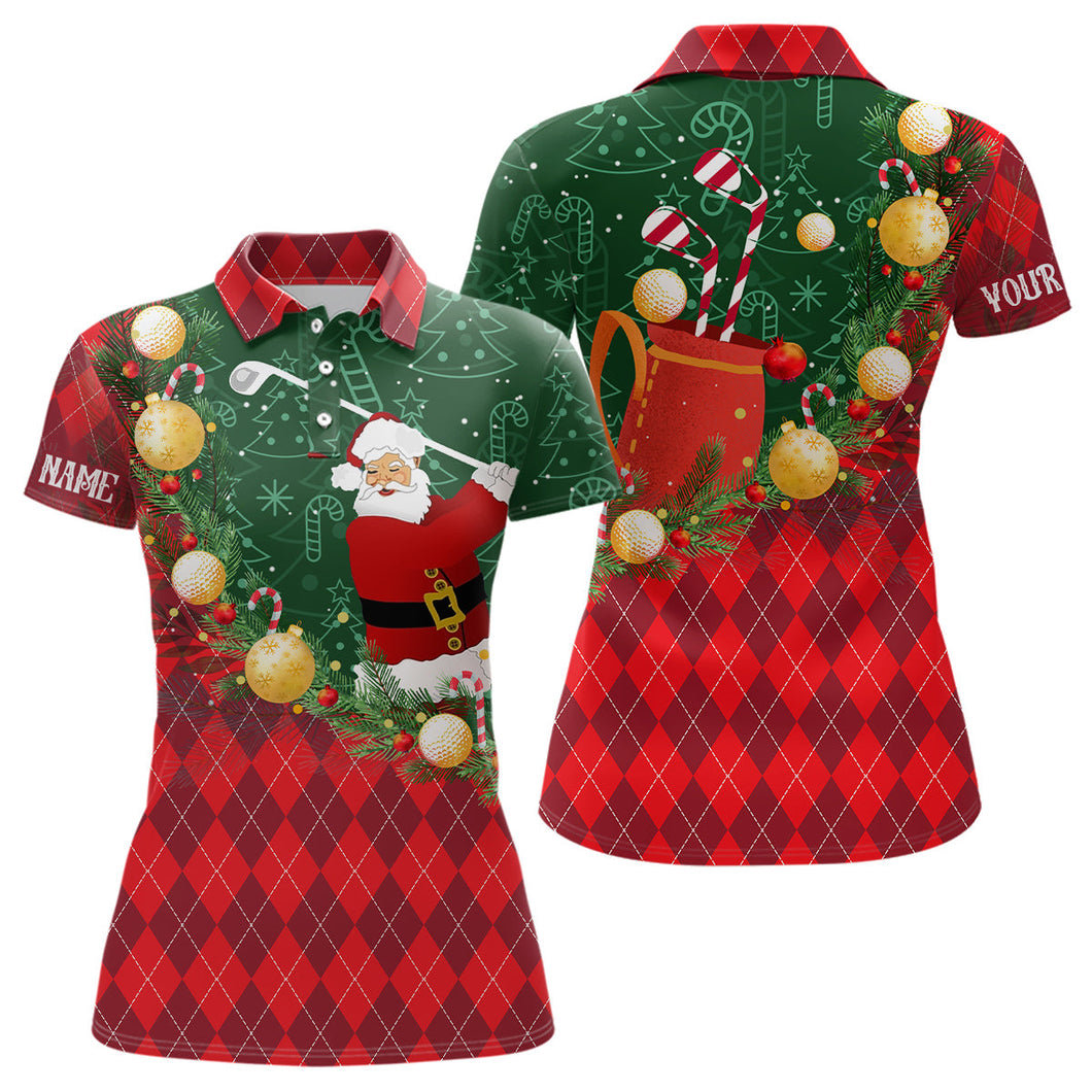 Christmas Santa Playing Golf Green and Red argyle pattern Womens golf polo shirts Custom golf outfits NQS8738