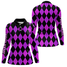 Load image into Gallery viewer, Womens golf polo shirts custom purple and black argyle plaid pattern golf attire for ladies NQS7810