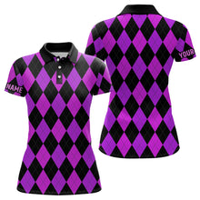 Load image into Gallery viewer, Womens golf polo shirts custom purple and black argyle plaid pattern golf attire for ladies NQS7810