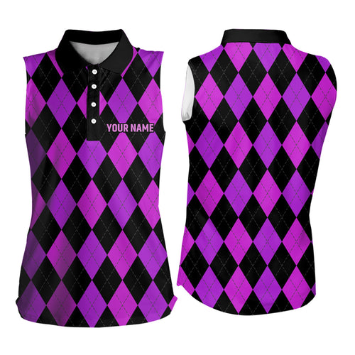 Women sleeveless polo shirt custom purple and black argyle plaid pattern golf attire for ladies NQS7810