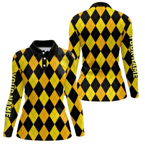 Womens golf polo shirts custom yellow and black argyle plaid pattern golf attire for ladies NQS7811