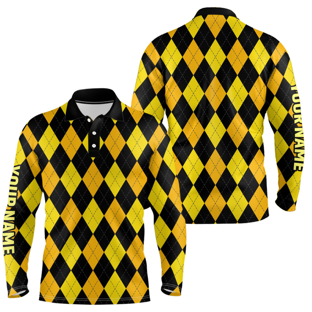 Mens golf polo shirts custom yellow and black argyle plaid pattern golf attire for men NQS7811