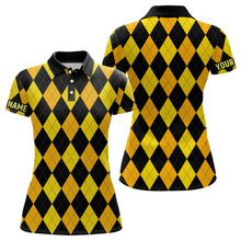 Load image into Gallery viewer, Womens golf polo shirts custom yellow and black argyle plaid pattern golf attire for ladies NQS7811