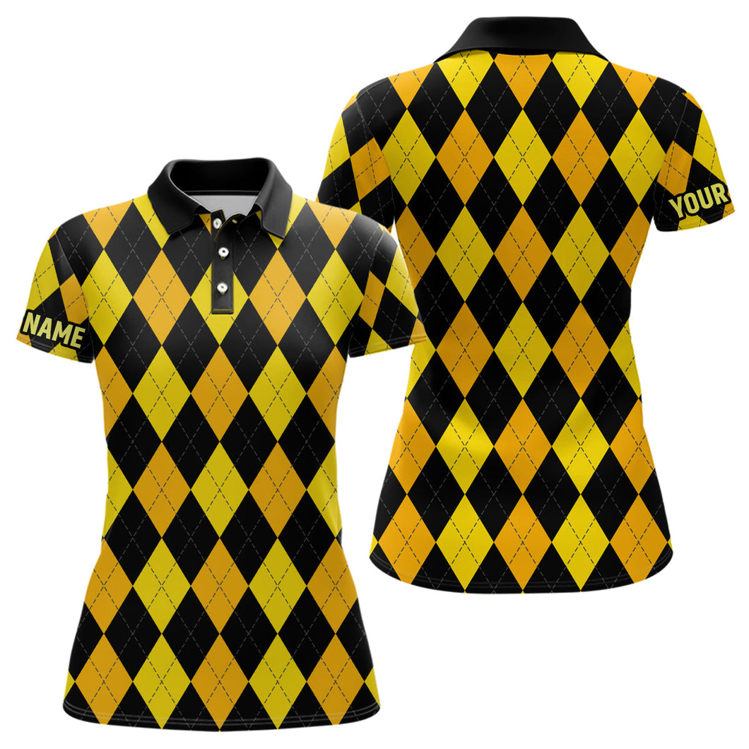 Womens golf polo shirts custom yellow and black argyle plaid pattern golf attire for ladies NQS7811