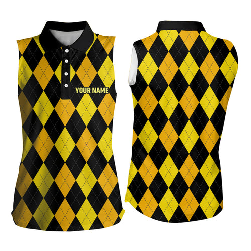 Women sleeveless polo shirt custom yellow and black argyle plaid pattern golf attire for ladies NQS7811