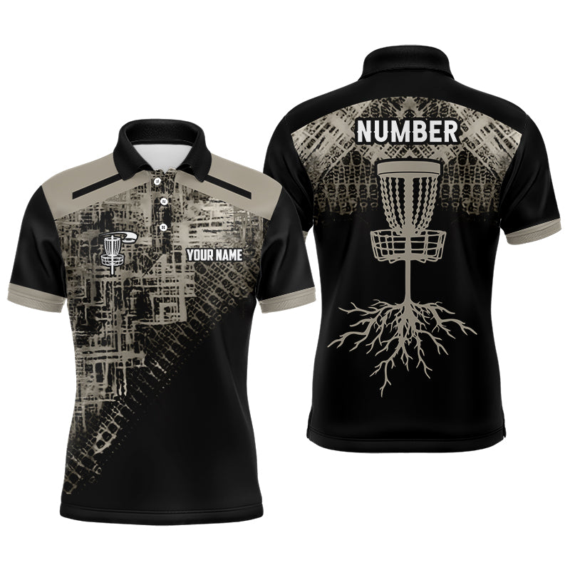 Beige Black Disc golf basket camo custom name & number Men polo shirts, disco golf outfit for men NQS6130